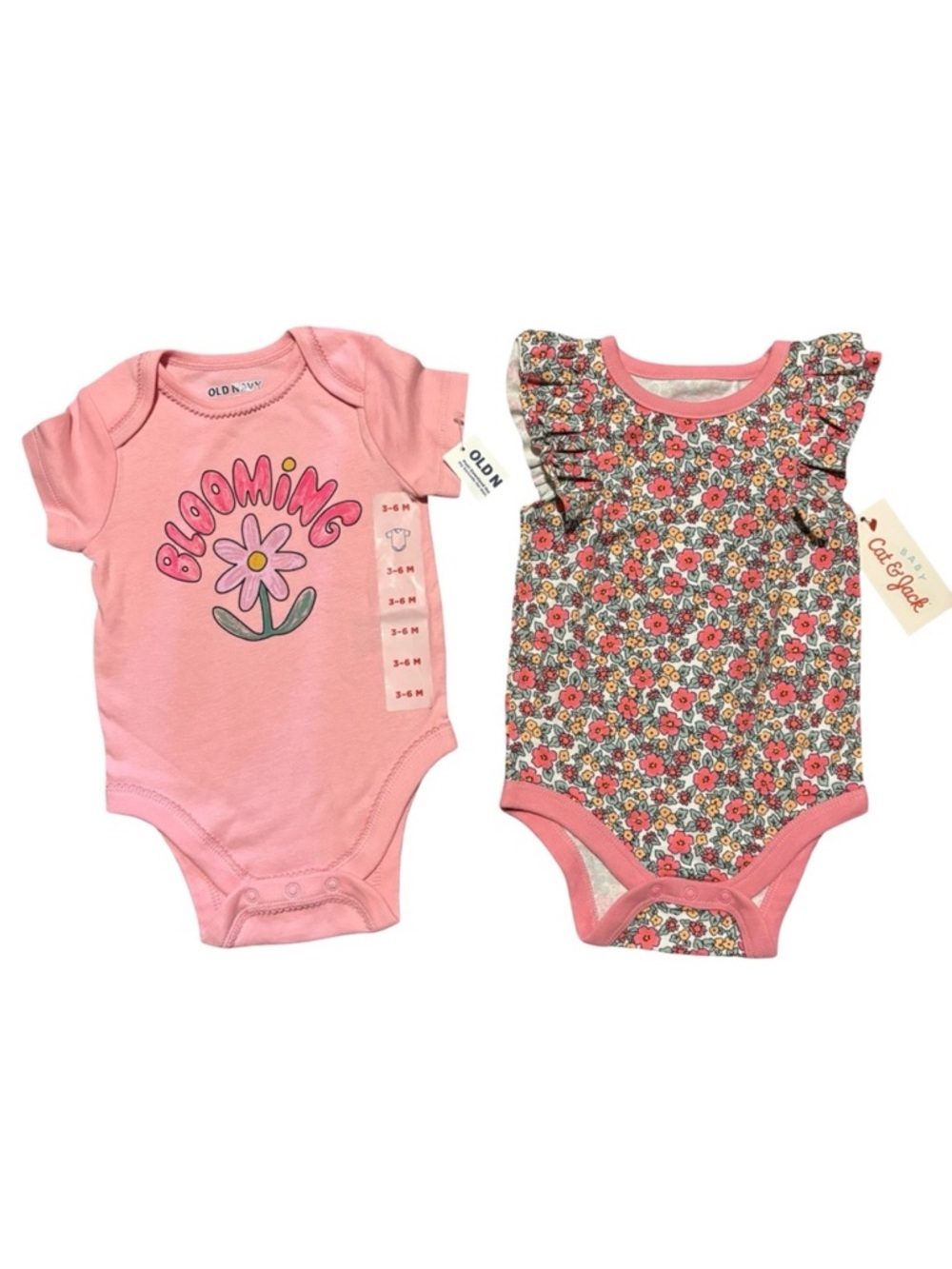 NEW! NWT Baby Girl Old Navy Pink & Floral Baby Onesies Spring 3-6mo Set of 2 Lot